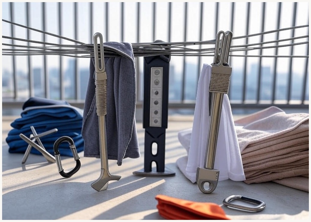 투데이리빙 8종 세트 야외 와이어 빨래줄 + 확장 후크 + 턴버클 + 스패너 + 클립+ 카라비너 + 잠금 클립 + 보호 슬리브 베란다 옥상 여행용 캠핑 다용도 로프 - 이미지 1